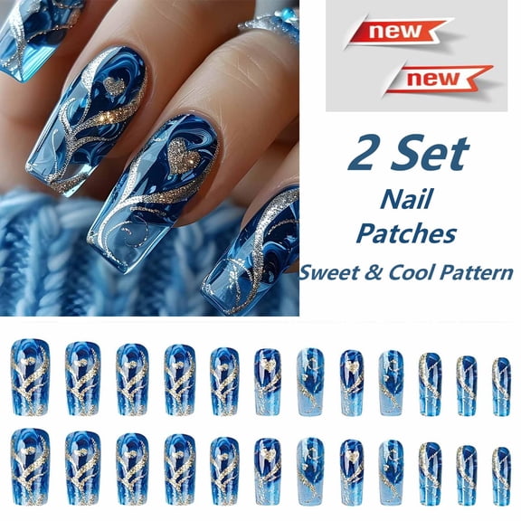 FEOLGEHLY 2 Set Press on Nails Short for Women, 24Pcs Cute Short Square Nail Tips, Sweet & Cool Pattern Gel Nail Patches, Natural Look, Easy to Apply, Perfect for Everyday & Parties(Blue)