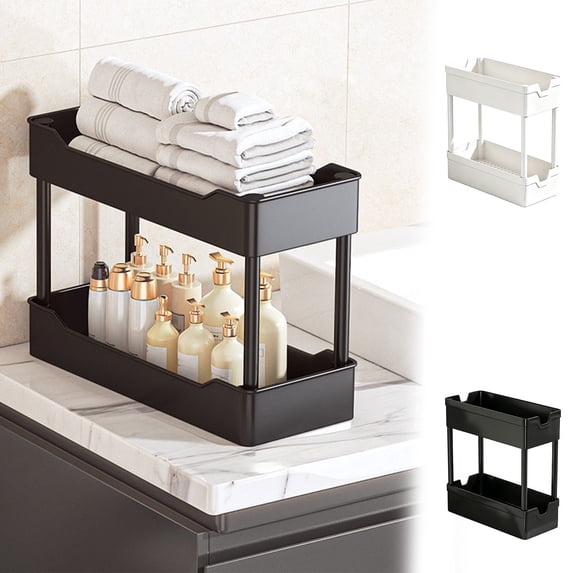 FEOLGEHLY 2-Tier Plastic Countertop Storage Rack with Drainage Holes, Vanity Storage Tray for Bathroom Shelf, Two-Tier Organizer for Kitchen Counter, White/Black (White)