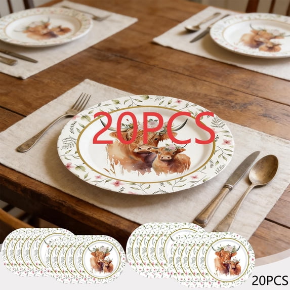 FEOLGEHLY 20PCS Disposable Plates, Highland Cow-Themed Paper Plates 9 Inch, Paper Food Trays, Fruit Trays For Serving For Party, Summer Paper Plates, for Party Decorations & Events (L)