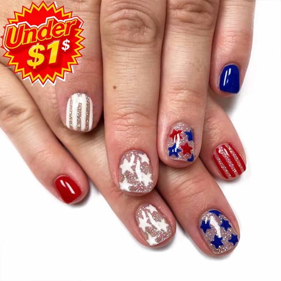 FEOLGEHLY 24 Pieces 4th of july Nails Press on Nails Short, Medium Wearable Red Fake Nails, Glitter Gradient Nail Art Tips with Nail Tabs, Birthday Gift for Spring Summer Festival Manicure Decor