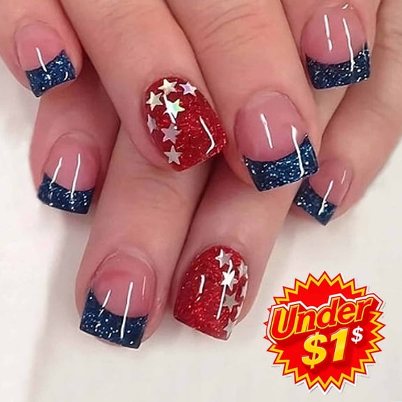 FEOLGEHLY 24 Pieces 4th of july Nails Press on Nails Short, Medium Wearable Red Fake Nails, Glitter Gradient Nail Art Tips with Nail Tabs, Birthday Gift for Spring Summer Manicure Decor