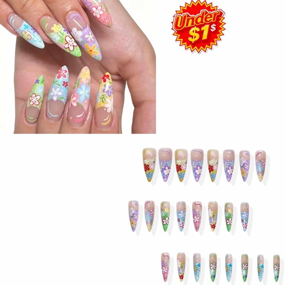 FEOLGEHLY 24 Pieces Press on Nails, Long Pointed Medium Wearable Fake Nails, European American Style Glitter Gradient Nail Art Tips with 24 Nail Tabs, for Easter Spring Summer Manicure Decor