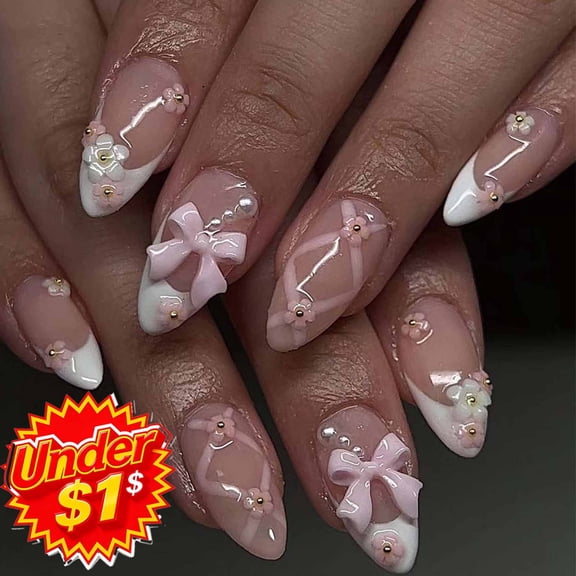 FEOLGEHLY 24 Pieces Press on Nails Short, Wearable Fake Nails, Sweet Pink French False Nails with Bow Flower Print, Glitter Gradient Nail Art Tips with Nail Tabs for Spring Summer Manicure Decor