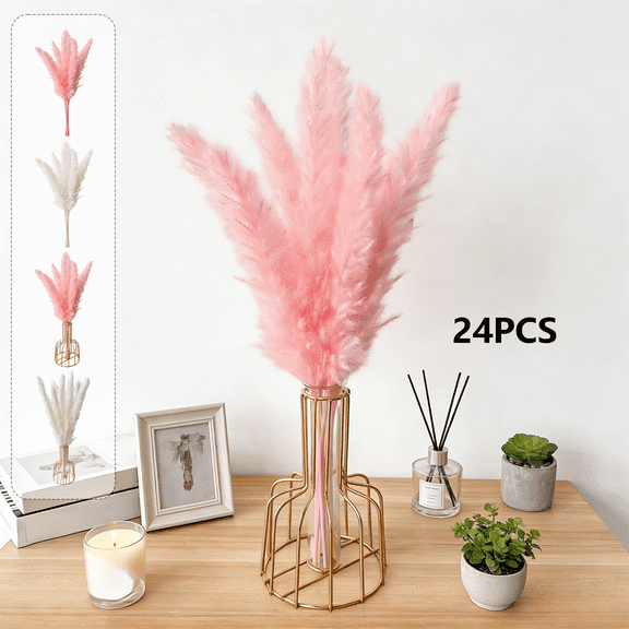 FEOLGEHLY 24PCS Dried Reed Bouquet with Vase, Artificial Reed Grass Stems for Home Table Kitchen Hallway Bedroom Decor, Rustic Wedding Farmhouse Party Spring Flower Arrangement, 12.6 in (C)