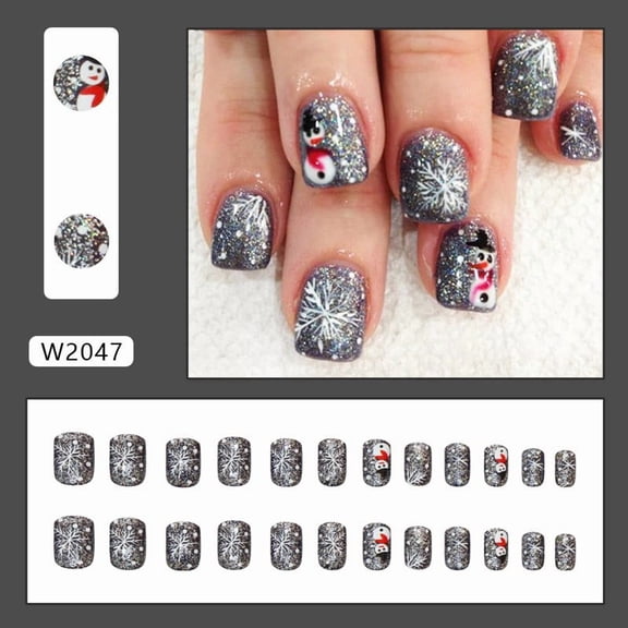 FEOLGEHLY 24Pcs Christmas Snowman Press On Nails, Cute Winter Cartoon Design Removable Reusable Plastic False Nail Tips, Holiday DIY Manicure Nail Art Decorations for Women Girls