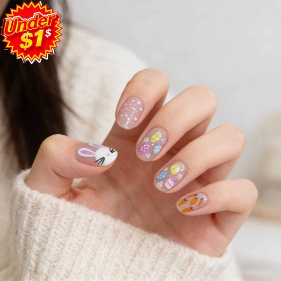 FEOLGEHLY 24Pcs Easter Press On Nails Short Cute Square Bunny Colorful Flower Easter Egg Design Fake Nails Kit with Jelly Glue and Nail File for Spring Summer DIY Easter Manicure Decorations