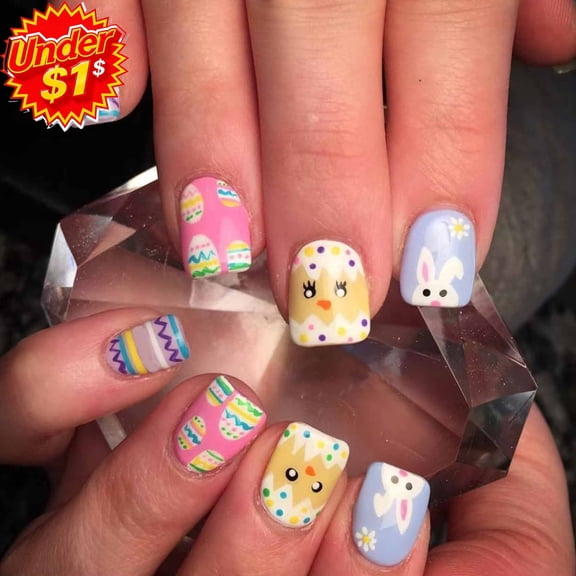 FEOLGEHLY 24Pcs Easter Press On Nails Short, Cute Square Chick Colorful French White Daisy Design Fake Nails Kit with Jelly Glue and Nail File for Spring Summer DIY Manicure Easter Decorations