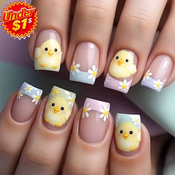 FEOLGEHLY 24Pcs Easter Press On Nails Short Cute Square Chick Colorful French White Daisy Design False Nails Kit with Jelly Glue and Nail File for Spring DIY Manicure Easter Decorations