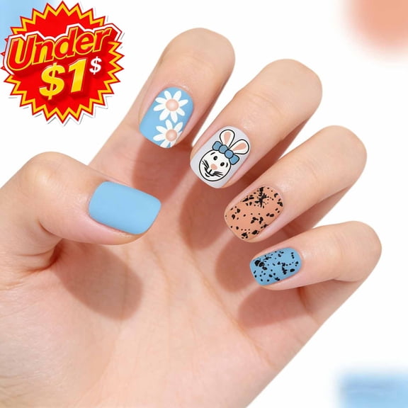 FEOLGEHLY 24Pcs Easter Press On Nails Short, Cute Square Matte Blue Bunny Floral Dot Design Plastic False Nails Kit with Jelly Glue and Nail File for Easter Spring Summer DIY Manicure Decor