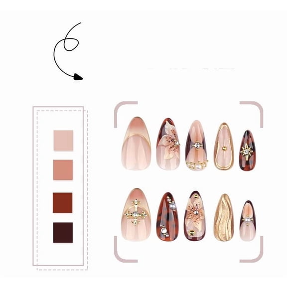 FEOLGEHLY 24Pcs Medium Maillard Tortoiseshell 3D Flower Press On Nails Retro French Plastic Fake Nail Tips Removable Reusable for DIY Salon Nail Art Manicure