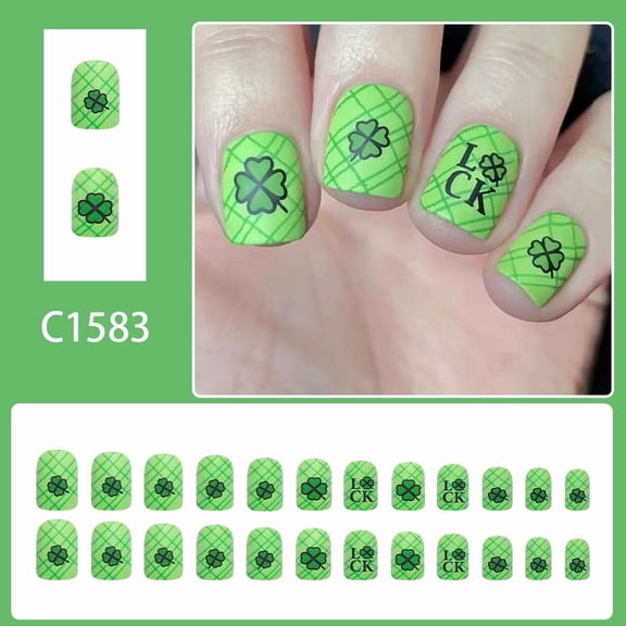 FEOLGEHLY 24Pcs Short Square St. Patrick's Day Green Striped Four-Leaf Clover Press On Nails, Removable Fake Nail Tips Theme False Nails for Holiday Party DIY Nail Art Manicure