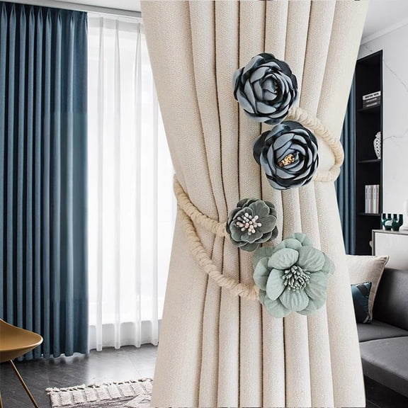 FEOLGEHLY 2PC Rose Flower Curtain Tiebacks Clips, Blue Linen Cotton Durable Decorative Tie Backs, No Drill Easy Use, 18.5" Long Rope, for Home Window Decor