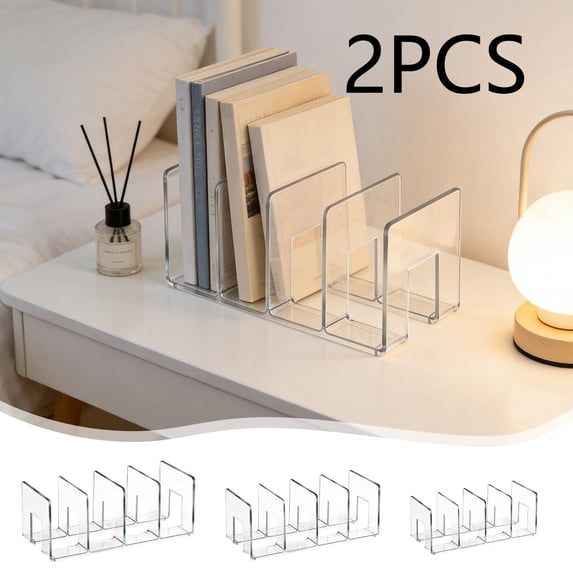 FEOLGEHLY 2PCS Acrylic Desk Organizer, File Organizer for Desk, Clear Desktop Document/Mail Organizer, Desktop Bookshelf, Office Desk Organizer with 4 Section, Magazine Rack Binder Organizer (L)