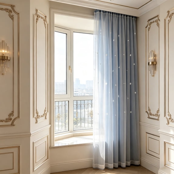 FEOLGEHLY 2Pcs Cute Decorative Patterned Blackout Curtains, 59x28 Inch Length Polyester Double Layer Star Cutout Blackout Drapes, Thermal Insulated Window Curtain for Bedroom Living Room Home Decor