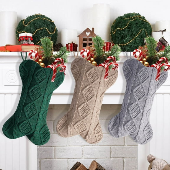 FEOLGEHLY 3 Pack Dog Christmas Stockings, 18 Inch Large Double Side Knitted Socks Boho Farmhouse Bone Shape Hanging Xmas Stockings for Fireplace Holiday Party Decorations