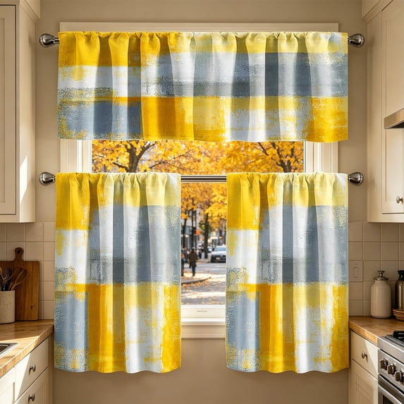 FEOLGEHLY 3 Pack Kitchen Curtains and Valances Set, 54x18 Inch & 28x39 Inch Length Polyester Abstract Stripe Cafe Curtain, Cute Decorative Half Window Drapes for Kitchen Bathroom Dining Home Decor