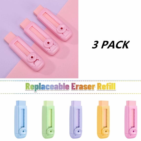 FEOLGEHLY 3 Pack Pencil Erasers, Rubber Push Roller Eraser, Traceless Less Scraps Creative Stationery Supplies for Office Use, Art Creation and Holiday Gifts, Pink