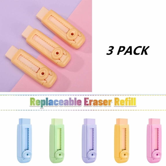 FEOLGEHLY 3 Pack Pencil Erasers, Rubber Push Roller Eraser, Traceless Less Scraps Creative Stationery Supplies for Office Use, Art Creation and Holiday Gifts, Yellow