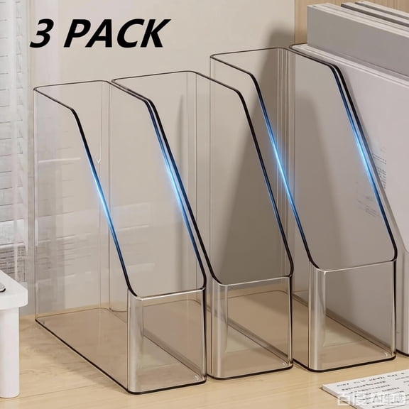 FEOLGEHLY 3 Pack Plastic Vertical File Folder Storage Organizer Bin, Hold Notebooks, Binders, Envelopes, Magazines for Home Office, Work Desktops, Ligne Collection, Clear