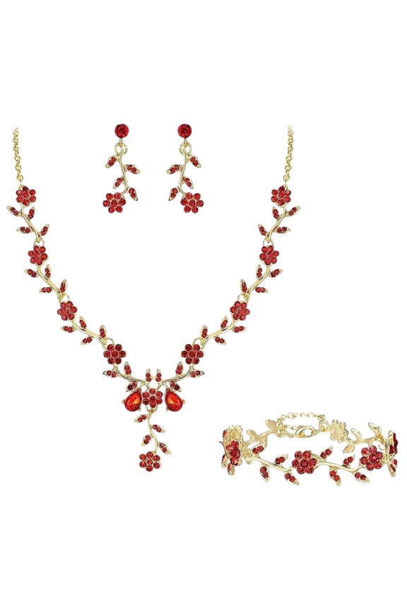 3 Pcs Valentine's Day Gifts for Women, Women's Wedding Jewelry Leaf Cluster Flower Crystal Dangle Earrings Pendant Necklace Set for Bridal, Daily Use Style, Red