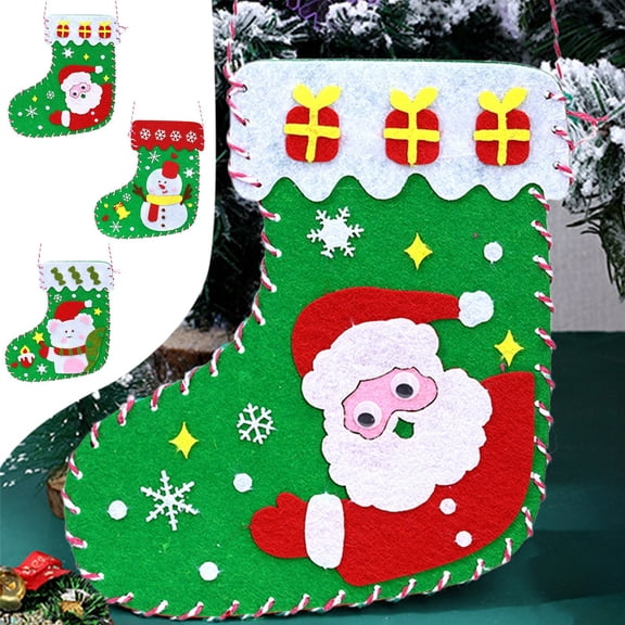 FEOLGEHLY 3 Pieces Felt Christmas Craft DIY Christmas Felt Stockings with Ornaments Handmade Xmas Stocking Sewing Kit for Santa Snowman Reindeer Decoration Tree Wall Door Hanging Present
