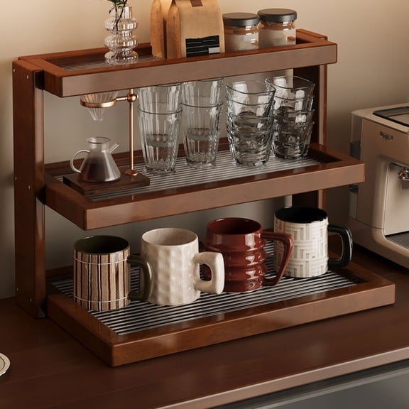 FEOLGEHLY 3 Tier Bamboo Countertop Organizer, Expandable Kitchen Shelf with Hooks for Coffee Bar, Microwave Stand, Spice Rack, Utensil Storage