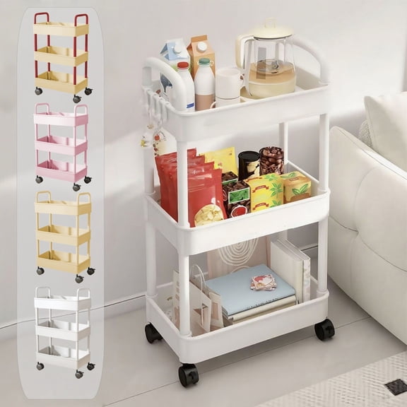 FEOLGEHLY 3 Tier Kitchen Cart with Wheels and Handles, Red Rolling Storage Shelf for Bathroom, Coffee Bar, Microwave Stand, Expandable Countertop Organizer with Hooks