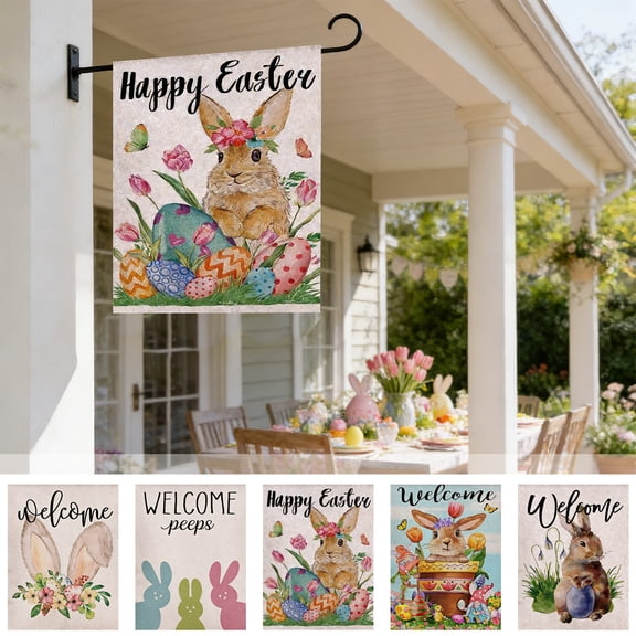 FEOLGEHLY 30x45cm Double-Sided Easter Garden Flag, Cute Bunny and Easter Egg Design with Floral Accents, Weather-Resistant Polyester Yard Flag for Outdoor Spring Decoration, Easy Hang Sleeve, E