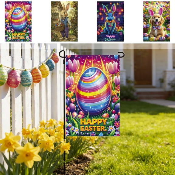 FEOLGEHLY 30x45cm Double-Sided Easter Garden Flag, Cute Bunny and Easter Egg Design with Floral Accents, Weather-Resistant Polyester Yard Flag for Outdoor Spring Decoration, Easy Hang Sleeve, A