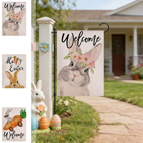 FEOLGEHLY 30x45cm Double-Sided Easter Garden Flag, Cute Bunny and Easter Egg Design with Floral Accents, Weather-Resistant Polyester Yard Flag for Outdoor Spring Decoration, Easy Hang Sleeve, B