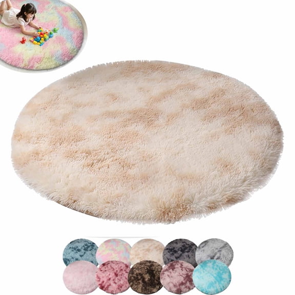 FEOLGEHLY 31.5" Tie-Dyed Beige Fluffy Round Rug, Soft Area Rugs for Room, Play Mat for Living Room, Non Slip Circle Rug for Bedroom, Shag Plush Carpets for Dorm, Room Decor