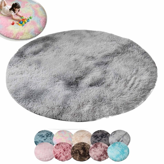 FEOLGEHLY 31.5" Tie-Dyed Gray Fluffy Round Rug, Soft Area Rugs for Room, Play Mat for Living Room, Non Slip Circle Rug for Bedroom, Shag Plush Carpets for Dorm, Room Decor