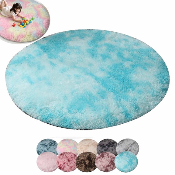 FEOLGEHLY 31.5" Tie-Dyed Light Blue Fluffy Round Rug, Soft Area Rugs for Room, Play Mat for Living Room, Non Slip Circle Rug for Bedroom, Shag Plush Carpets for Dorm, Room Decor