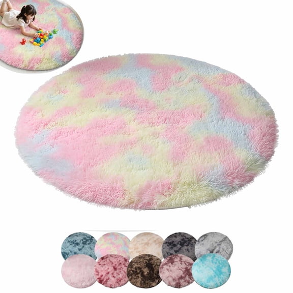 FEOLGEHLY 31.5" Tie-Dyed Multicolor Fluffy Round Rug, Soft Area Rugs for Room, Play Mat for Living Room, Non Slip Circle Rug for Bedroom, Shag Plush Carpets for Dorm, Room Decor