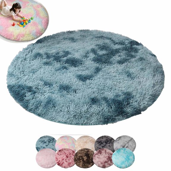 FEOLGEHLY 31.5" Tie-Dyed Navy Fluffy Round Rug, Soft Area Rugs for Room, Play Mat for Living Room, Non Slip Circle Rug for Bedroom, Shag Plush Carpets for Dorm, Room Decor