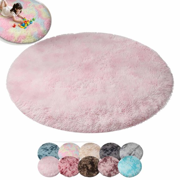 FEOLGEHLY 31.5" Tie-Dyed Pink Fluffy Round Rug, Soft Area Rugs for Room, Play Mat for Living Room, Non Slip Circle Rug for Bedroom, Shag Plush Carpets for Dorm, Room Decor