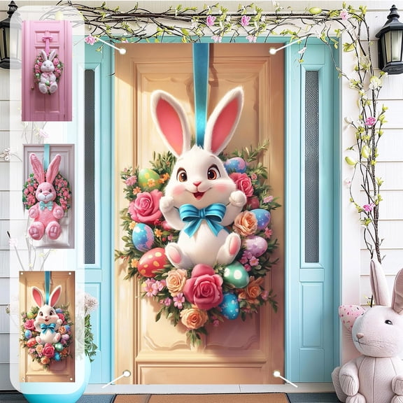 FEOLGEHLY 35.4x71 inch Happy Easter Banner for Spring Decorations for Farmyard House, Bunny Egg Wreaths Design Pastel Spring Decor, Easter Door Cover for Front Door Seasonal Entryway Door Display