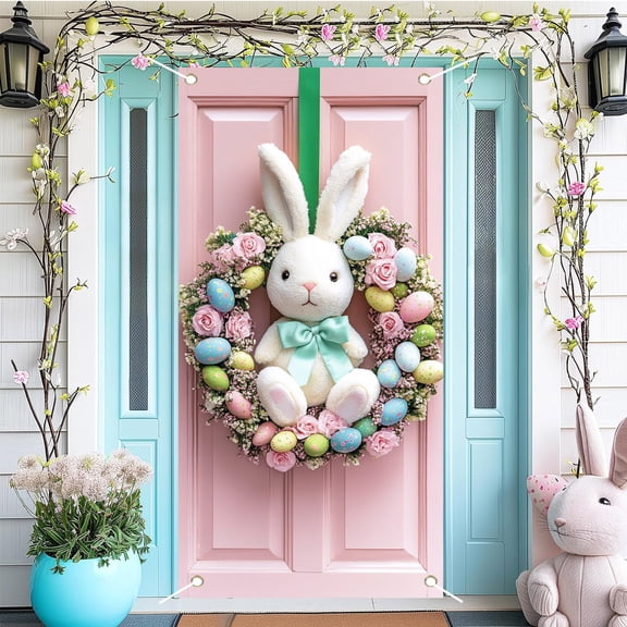 FEOLGEHLY 35.4x71 inch Happy Easter Door Cover for Spring Decorations for Farmyard Home, Bunny Egg Flower Wreaths Design Spring Decor, Easter Banner for Front Seasonal Entryway Door Display