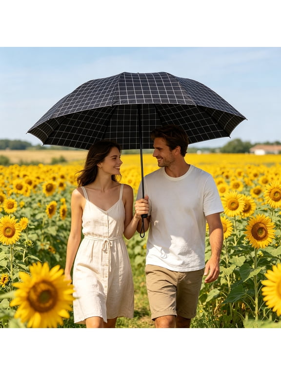 38" Large Compact Travel Umbrella Folding Sun Umbrellas for Rain Oversized Foldable Vented Double Windproof Telescopic 8 Ribs Sturdy Large Size, Black