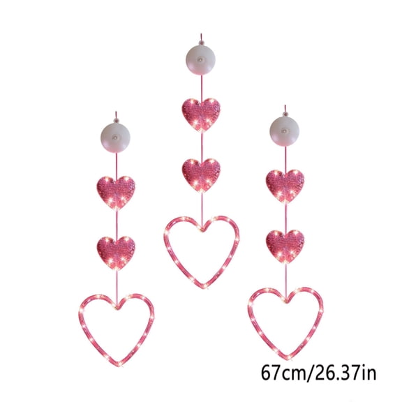 FEOLGEHLY 3PC Pink Heart LED Curtain Lights, Suction Cup No Tools Waterproof Battery Operated String Lights, Romantic Valentine's Day 520 Proposal Wedding Party Decor, Indoor Outdoor Great Gift (D)