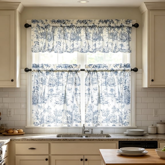 FEOLGEHLY 3Pcs Kitchen Curtains and Valances Set, 54x18 Inch & 28x39 Inch Length Polyester Blue Toile Print Cafe Curtain, Cute Decorative Window Drapes for Kitchen Bathroom Home Decor