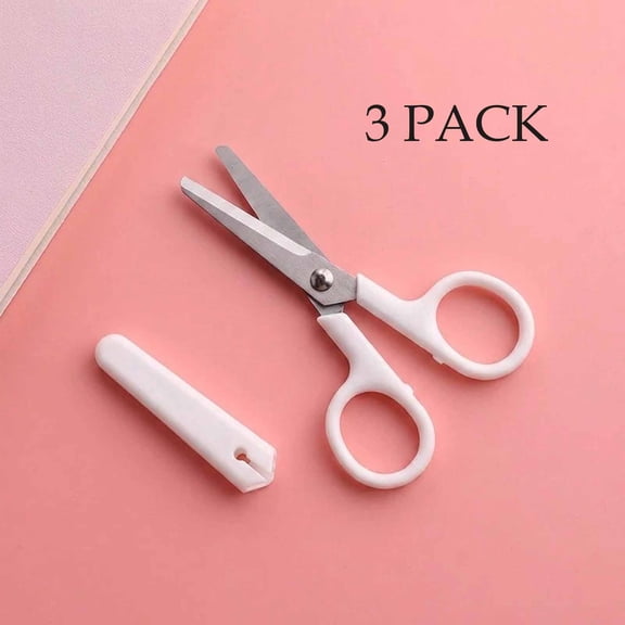 FEOLGEHLY 3Pcs Mini Scissors with Safety Cove, Small Travel Size, Round Blunt Tip, Portable Stationery Paper Cutter Scissors for Office Cutting Paper Craft, White