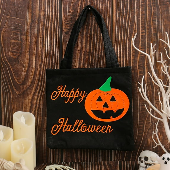FEOLGEHLY 4 Pack Halloween Trick or Treat Bags Non-Woven Tote Gift Bag Skull Pumpkin Web Spider Witch Candy Bags Reusable Goodie Treat Bag with Handle for Halloween Party Favors