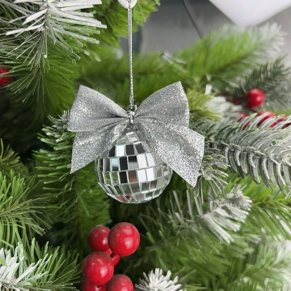 FEOLGEHLY 4 Pcs Mirror Disco Bulk Christmas Balls with Bow for Xmas Tree, Christmas Ornaments for Party Decorations, Vintage Hanging Ornaments for Retro Music Party New Year Wedding Decor