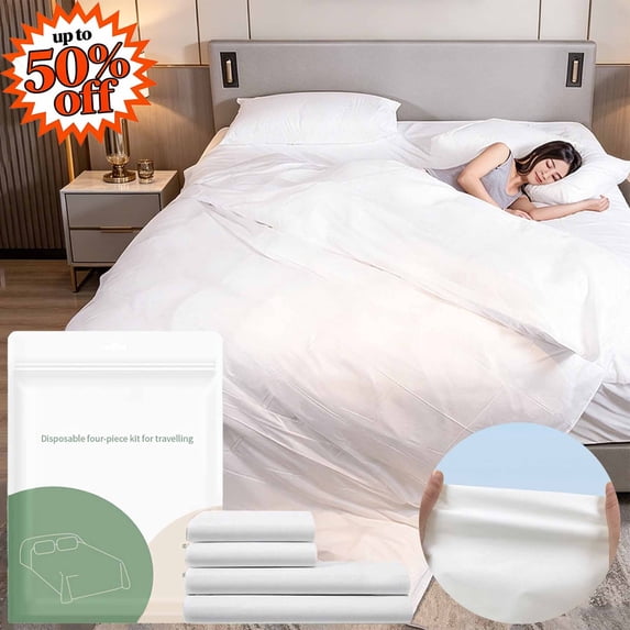 FEOLGEHLY 4 Piece Disposable Twin/Queen Sheets Microfiber Flat Bed Sheets Only (79x91in) ,Duvet Cover(79x91in) and 2 Throw Pillow Cases(20x32in) Set, Washable Breathable Bedding for Business Travel