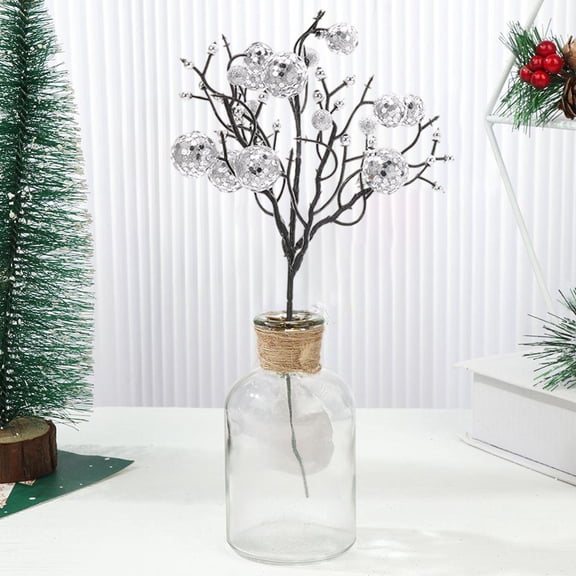 FEOLGEHLY 4 Pieces Christmas Glitter Berries Stems 12 inch Christmas Berry Picks Artificial Glittered Berries Ornaments Floral Stems for Xmas Tree,Home Wreath,Party Decoration, Silver