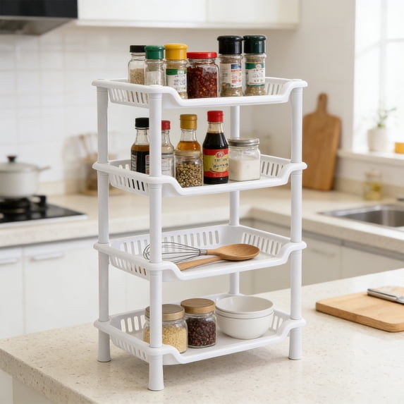 FEOLGEHLY 4 Tier Expandable Kitchen Shelf Organizer, Adjustable Countertop Storage Rack with Hooks for Spices, Coffee Bar, Microwave Stand, White