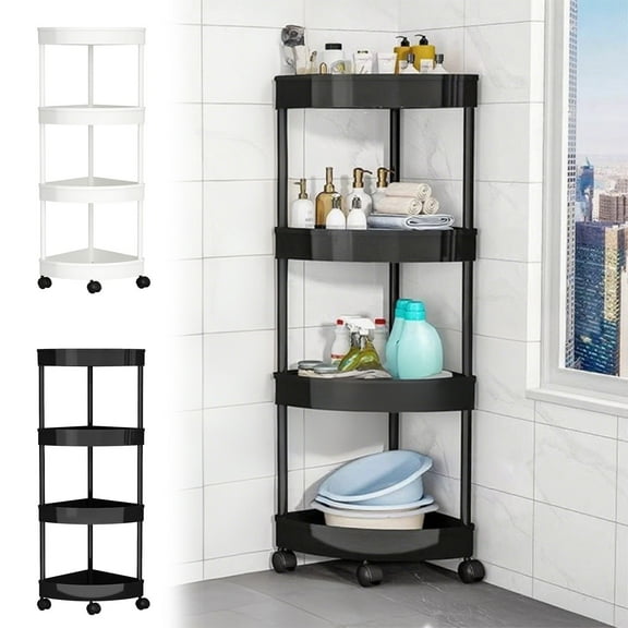FEOLGEHLY 4-Tier Floor Standing Corner Shower Caddy Organizer Shelf, Bathroom Shelves Stand Rack with Wheels, Plastic Splicing Floor Corner Shelf Rack Storage Stand, 13.6x 31.5", Black