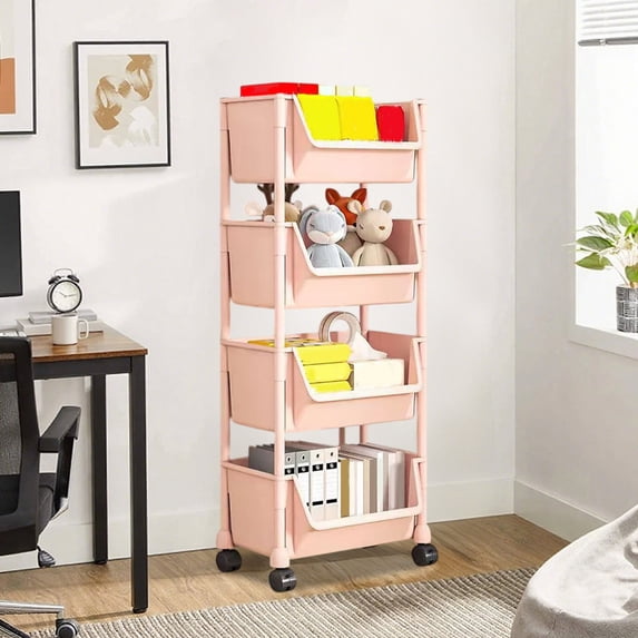 FEOLGEHLY 4-Tier Multifunctional Rolling Shelf, All-in-One Space Saving Organizer with Wheels, Adjustable Versatile Storage Rack for Kitchen Bathroom Bedroom Living Room Office