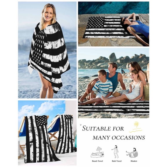 FEOLGEHLY 47x23in Beach Towels, Microfiber Sandproof Quick Dry Beach Bath Towel, Large Black White Vintage Flag Beach Blanket, Pool Towel for Adults Kids Camping Travel